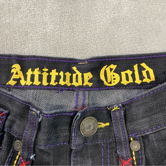 Attitude Gold Denim Jeans Women's 14 Purple Yellow Embroidered Purple Stitching - Picture 8 of 12